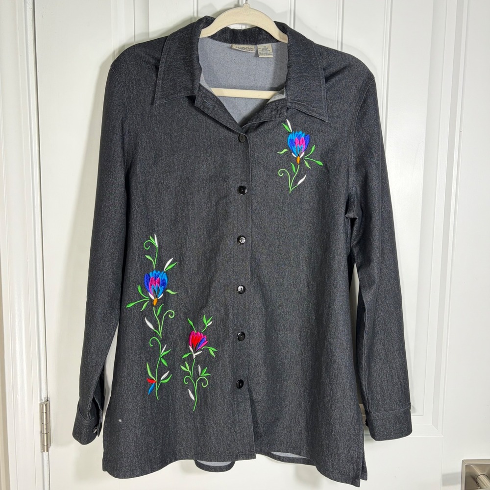 Allison Daley Womens Embroidered Floral Denim Look Shirt Grey L/S Top 83176696 M
